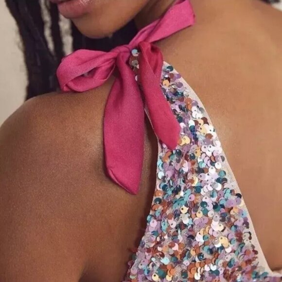 Free People Big Night Sequin Crop Top S Confetti in Pink Sparkle Barbie Surplice - Picture 7 of 10